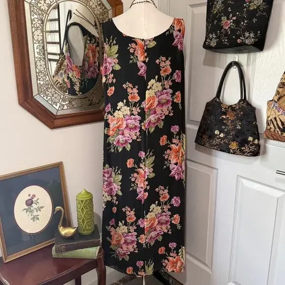 VTG Y2K Jones New York Sport Black & Multicolor Floral Silk Keyhole Maxi Dress - Picture 5 of 8